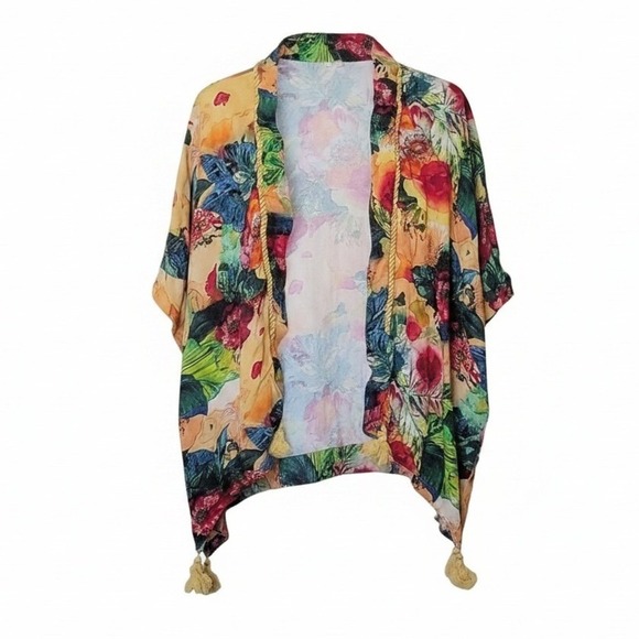 Soft Surroundings Tops - Soft Surroundings Amora Vibrant Watercolor Boho Tassel Topper Kimono PL